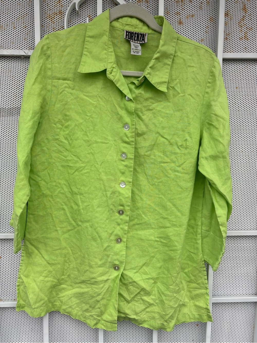 Forenza women 12 linen blouse/tunic button-up 3/4 sleeves side slits 3/4 sleeves